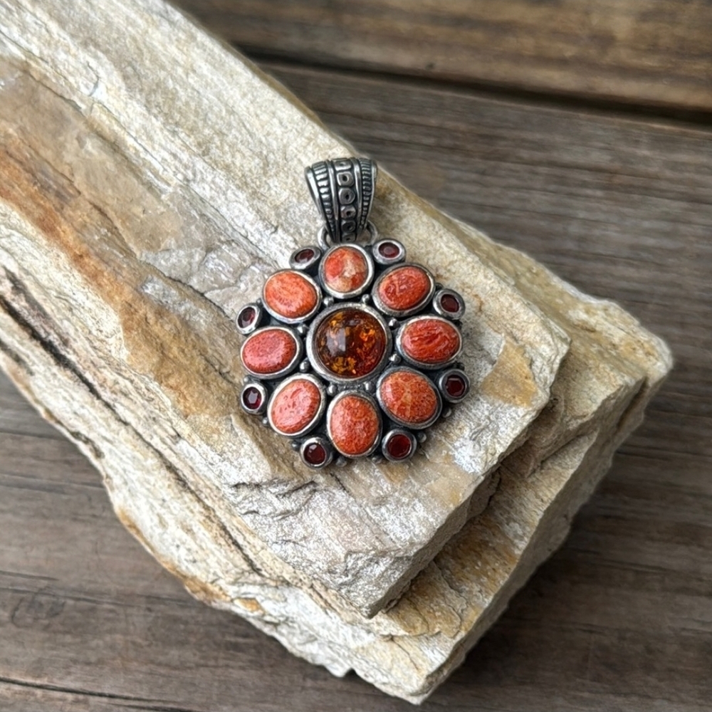 Rare !! Studio Barse Silver Necklace with Coral and Amber Color Stones